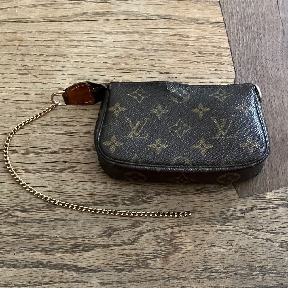 Monogram Wristlet Pouch in Dark Brown and Gold. Authentic.